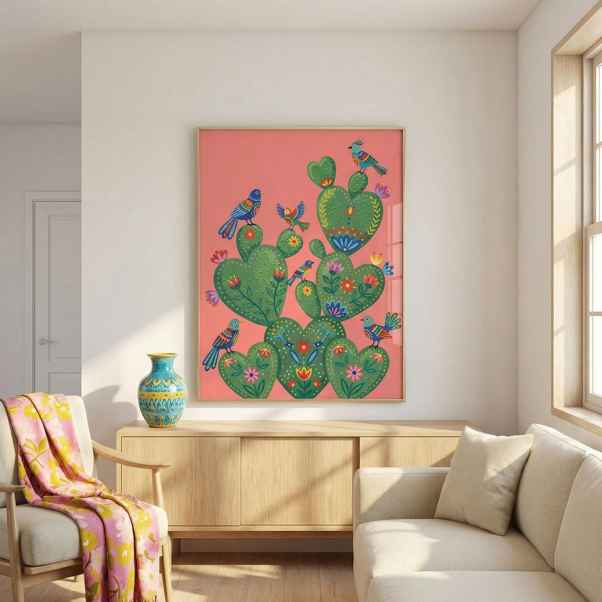 Colorful cactus artwork with birds on a pink background in a living room.