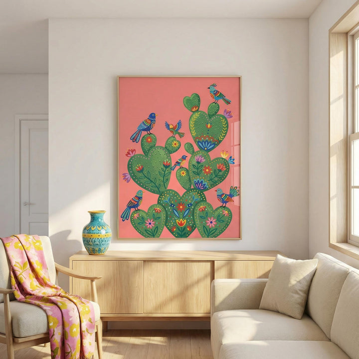 Colorful Cactus Art Print on wall above wooden sideboard with blue and yellow vase in living room