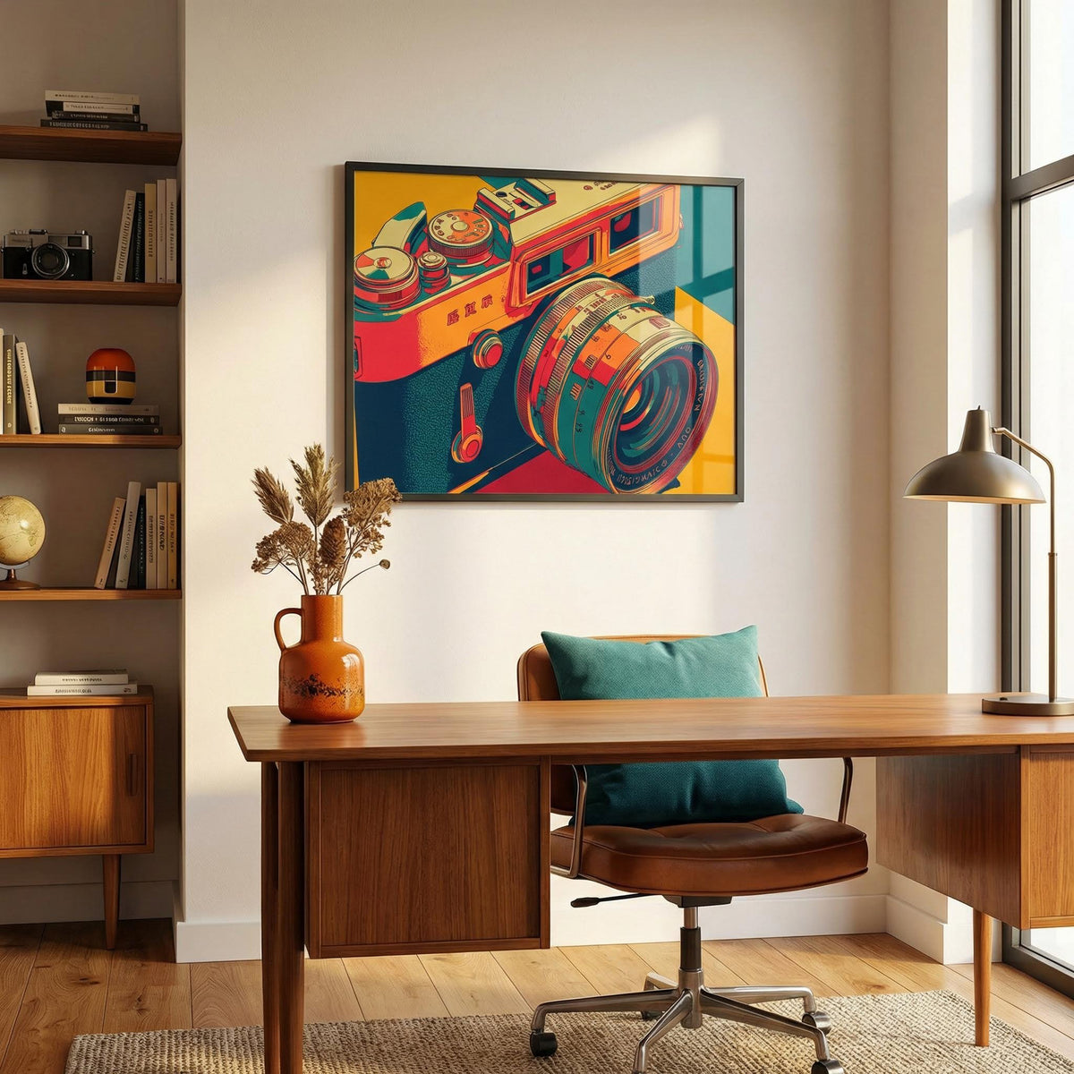 Modern home office with wooden desk, chair, and colorful art on the wall.