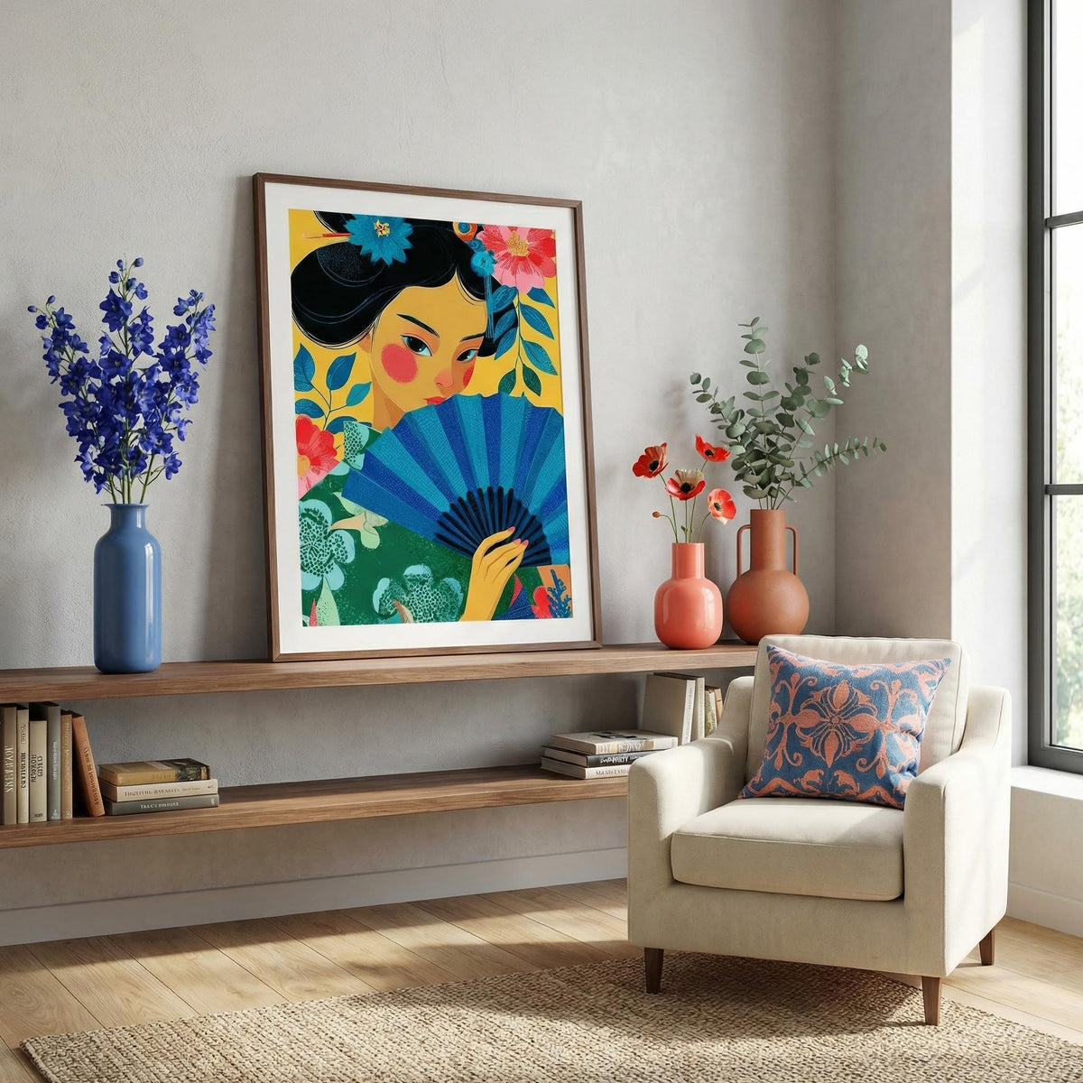 Colorful artwork of a woman holding a fan on a shelf in a living room.