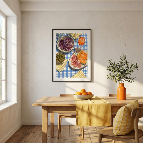 Dining room with a wooden table, chairs, and a colorful framed artwork on the wall.
