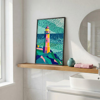 Colorful lighthouse painting on a wooden shelf in a bathroom.