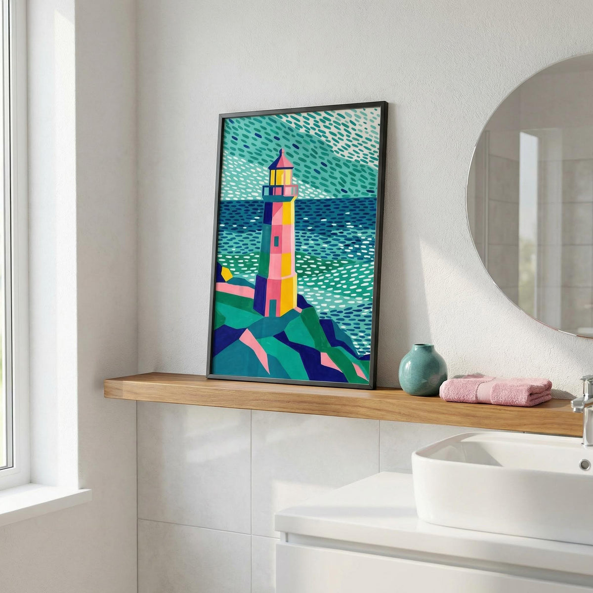 Colorful lighthouse painting on a wooden shelf in a bathroom.