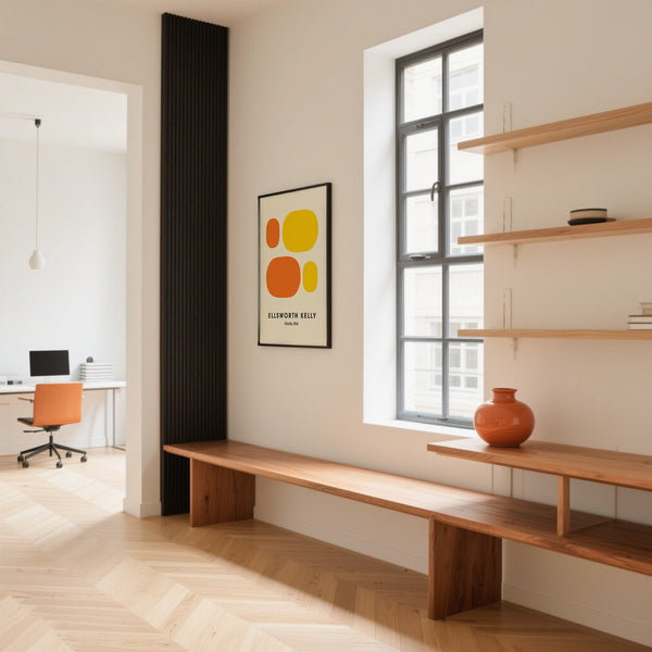 Minimalist poster art featuring orange and yellow abstract shapes inspired by Ellsworth Kelly