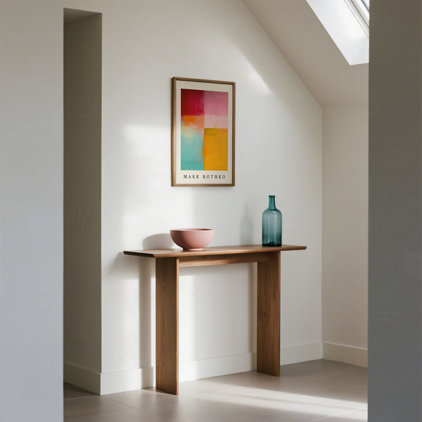Modern interior with a wooden console table, color block art, and decorative bottle.
