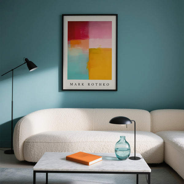 Modern living room with a white sofa, coffee table, and Mark Rothko color block art on the wall.