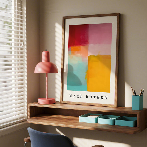 Color block art print by Mark Rothko on a wooden shelf with a pink lamp and blue chair.