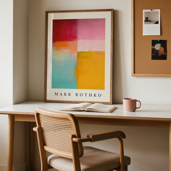 Abstract color block art print by Mark Rothko on a wall above a desk with a chair.