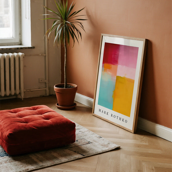 Room interior with a red cushion, potted plant, and Mark Rothko color block art on a wooden floor.