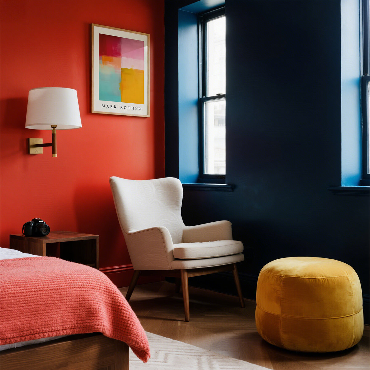 Modern bedroom with red wall, white chair, yellow ottoman, and abstract color block art.