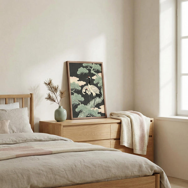 Bedroom with wooden furniture, including a bed and dresser, and a framed artwork on the wall.