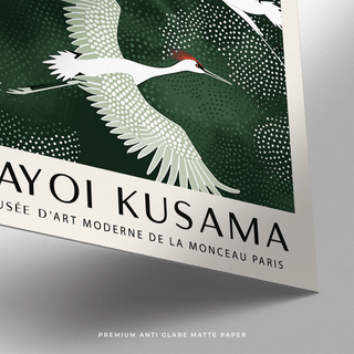 Japandi Wall Art of Cranes flying in white with green background.