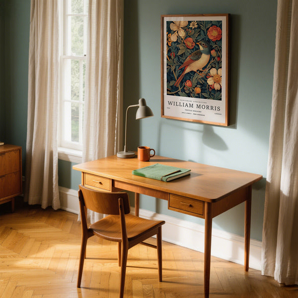 Botanical vintage bird prints inspired by William Morris textile design.