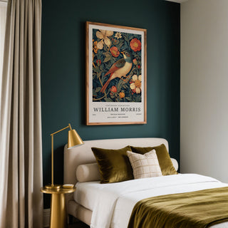 Vintage bird prints featuring a perched bird with red and cream floral background.
