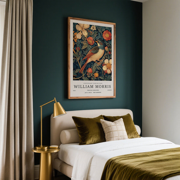 Vintage bird prints featuring a perched bird with red and cream floral background.