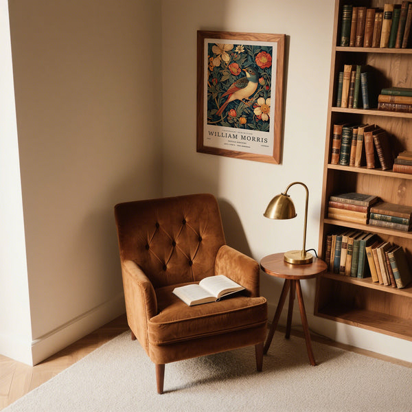 Dark background vintage bird prints with a central bird and historic botanical style.