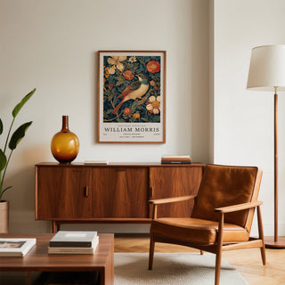 Decorative vintage bird prints with golden orange flowers and lush green leaves.