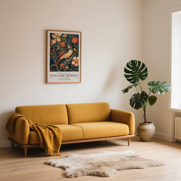 Songbird in a vintage bird prints piece surrounded by bold floral elements.