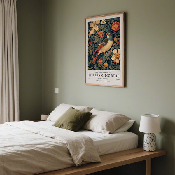 Bedroom with a framed William Morris poster on the wall