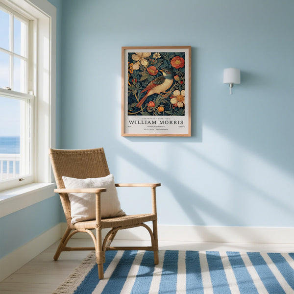 Nautical-themed room with a chair, rug, and framed artwork on a light blue wall.