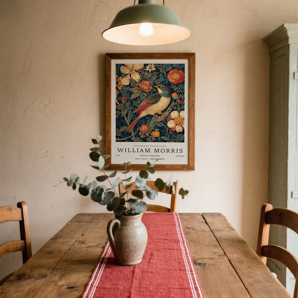 Traditional vintage bird prints with deep red florals and elegant foliage.
