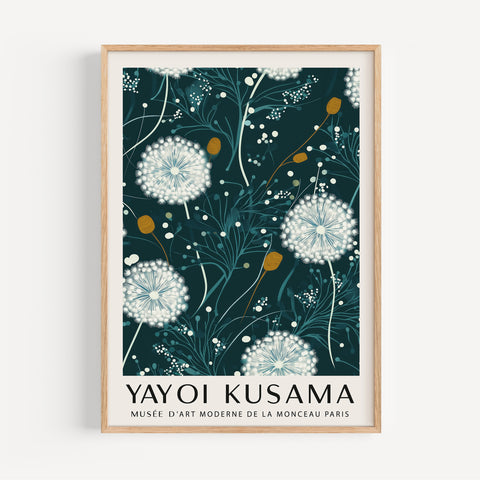 Yayoi Kusama dandelion green wall art for serene spaces.
