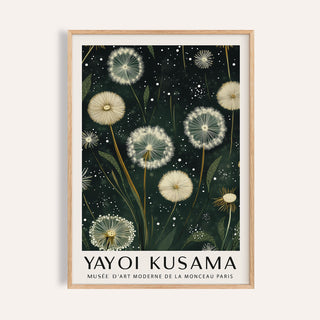 Framed print close-up of dandelion seed heads illustration with dark green background and white seeds