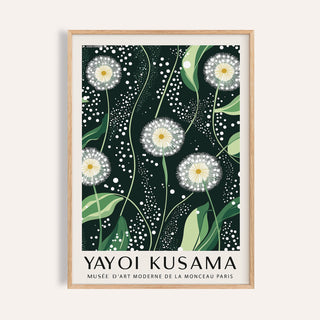 Dark green wall art featuring dotted dandelion patterns and flowing stems