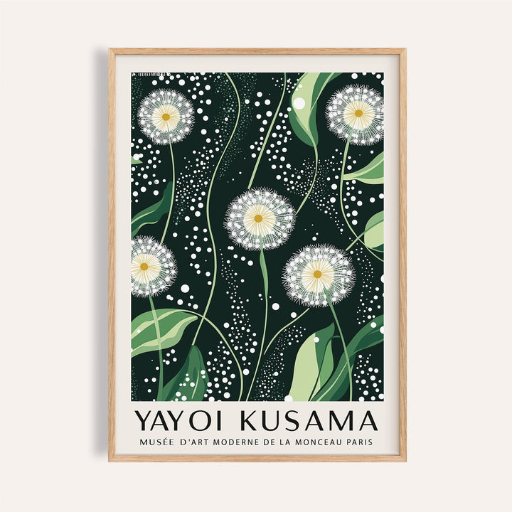 Dark green wall art featuring dotted dandelion patterns and flowing stems