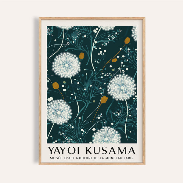 Yayoi Kusama green print featuring abstract dandelion design