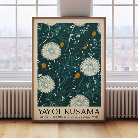 Yayoi Kusama dandelion green wall art for serene spaces.
