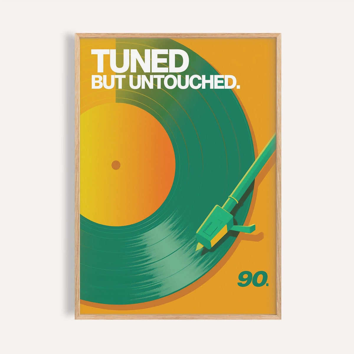 Bright vinyl record art print with green stylus on orange background

