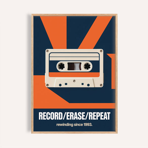 Bold navy and orange cassette tape wall art for creative studios
