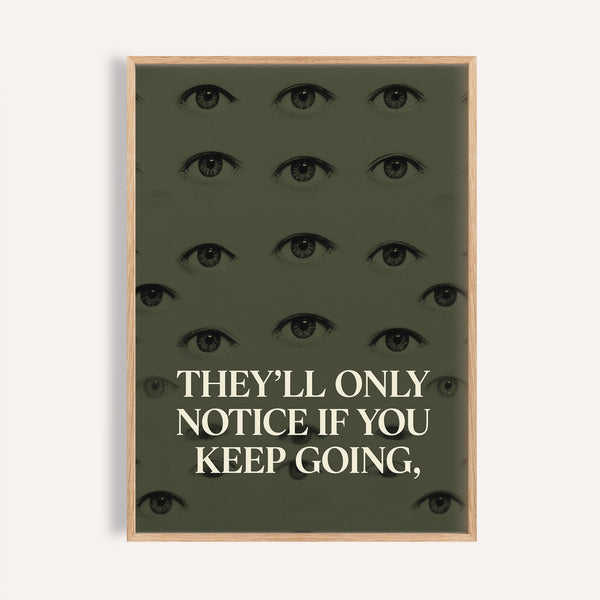 Olive-toned gym artwork featuring eyes and motivational text for home gym.