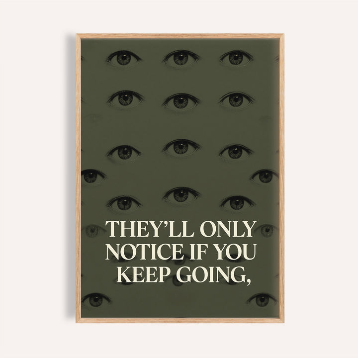 Olive-toned gym artwork featuring eyes and motivational text for home gym.