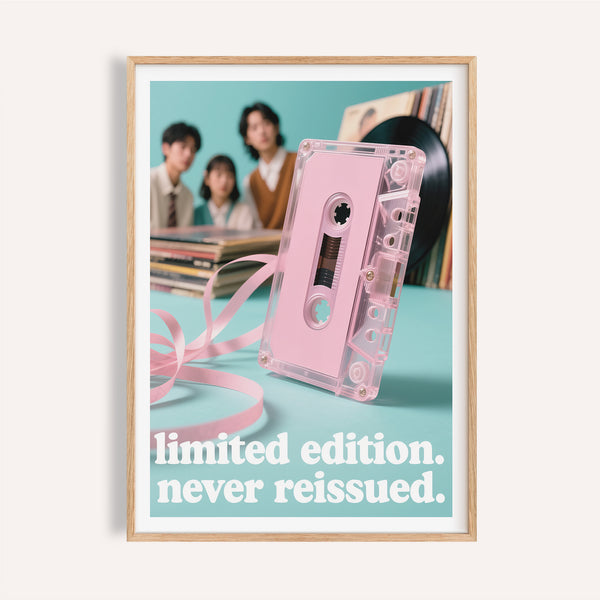 Translucent pink cassette tape in a poster vintage music print for a bedroom.