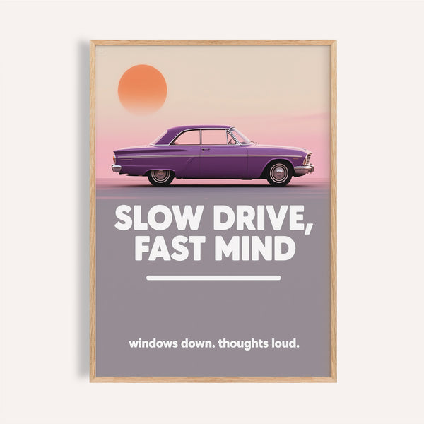 Purple classic car in vintage car wall art print with retro sunset.