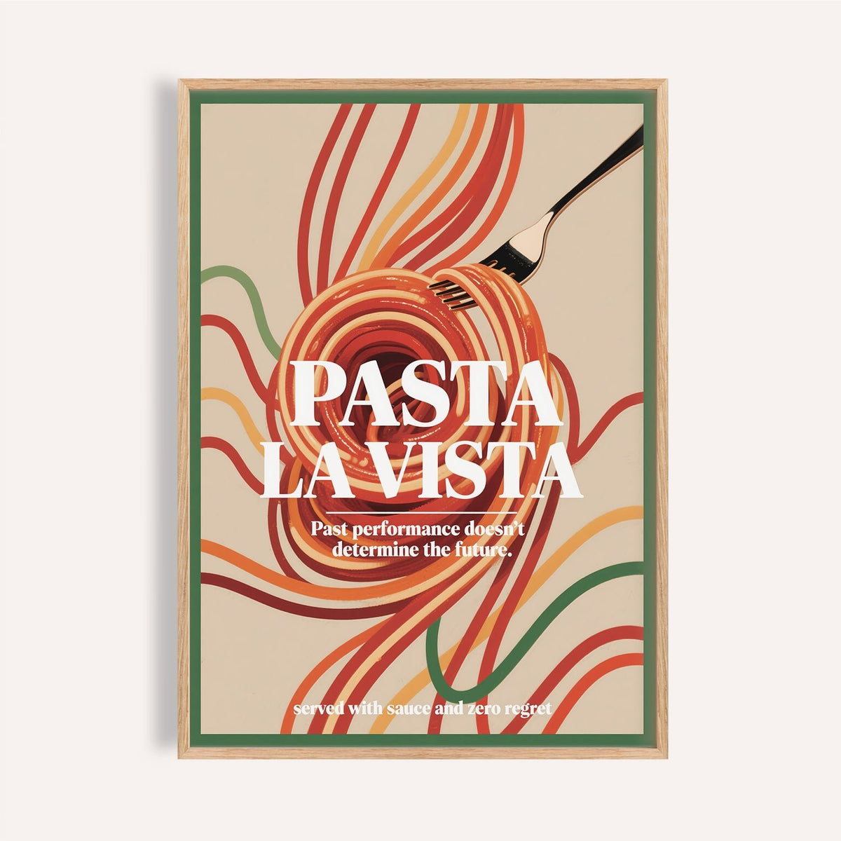 Bold dining room prints with pasta-themed art in green and red
