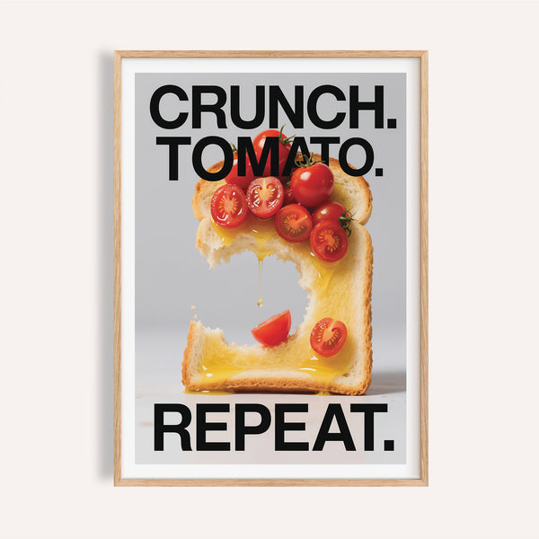 Dining table wall art with cherry tomatoes on golden toast in kitchen print.