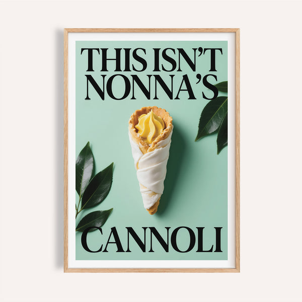 Playful cannoli print on mint green for Italian kitchen art wall decor.
