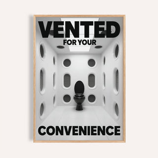 Surreal white vent room with black toilet funny toilet sign print for bathroom.