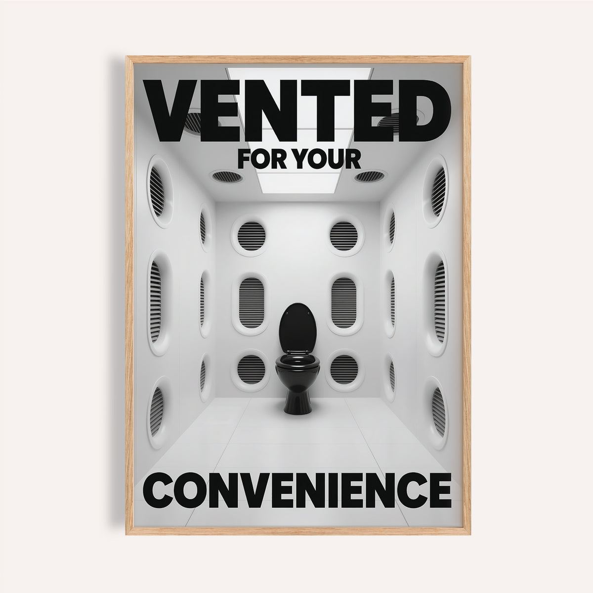 Surreal white vent room with black toilet funny toilet sign print for bathroom.