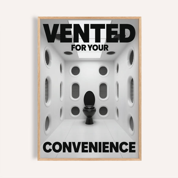 Surreal white vent room with black toilet funny toilet sign print for bathroom.