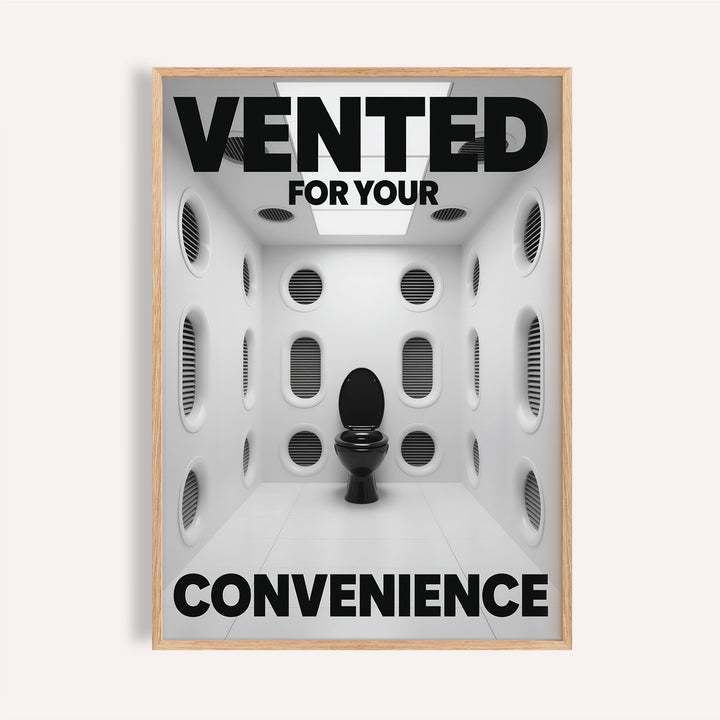 Surreal white vent room with black toilet funny toilet sign print for bathroom.