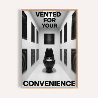 Framed Bathroom Funny Print of a black toilet in a white vented room with black vents