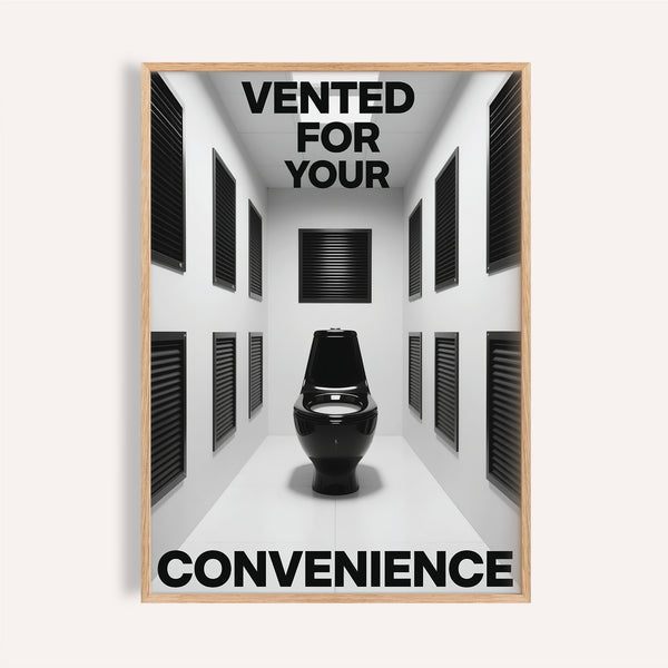 Surreal bathroom funny print with black toilet and vented white walls.
