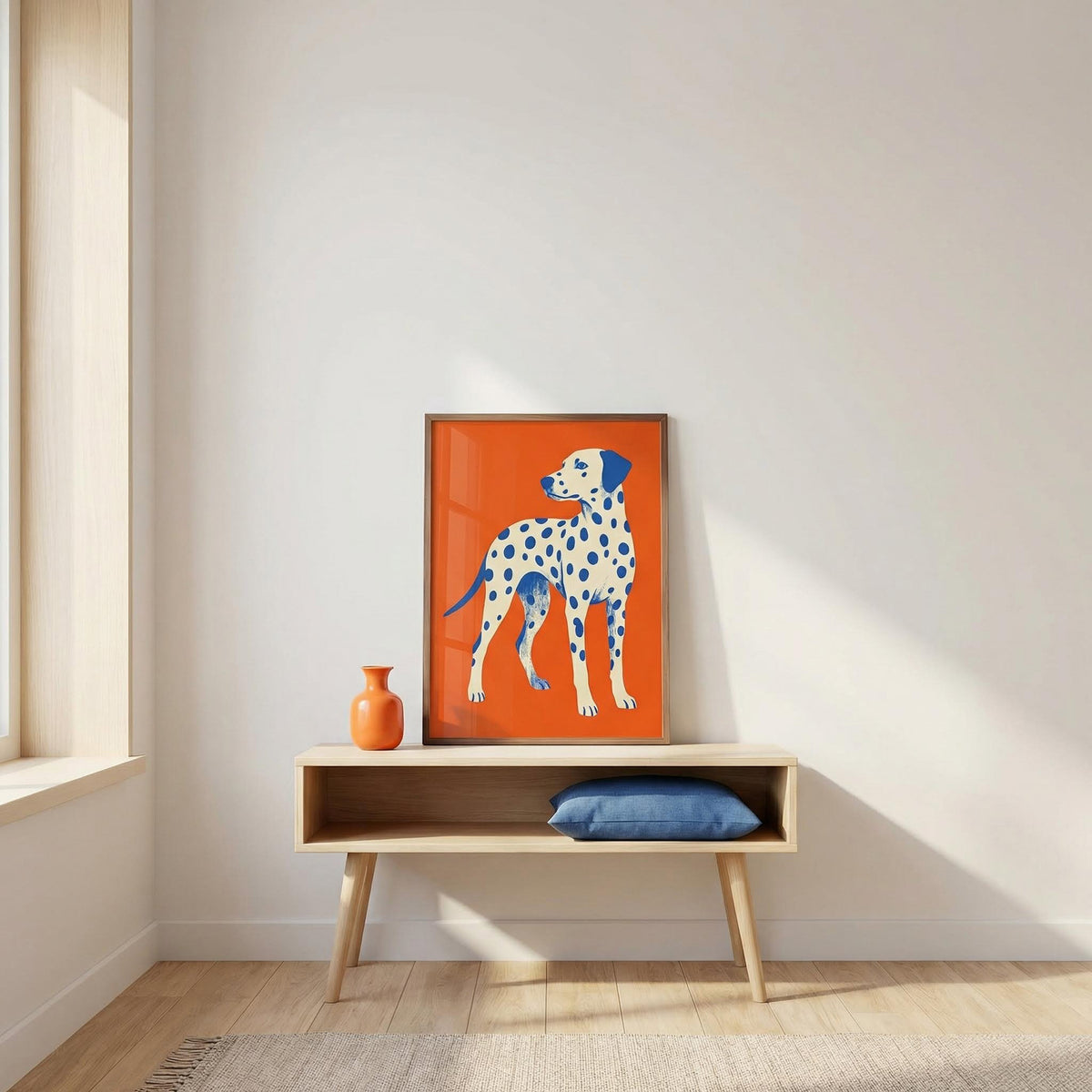Framed artwork of a dalmatian dog on an orange background in a minimalistic room.
