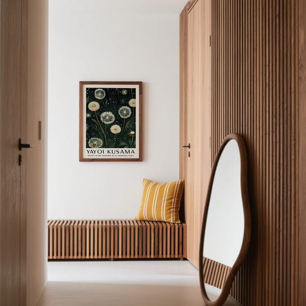 Dark green wall art showing detailed dandelion print for hallway