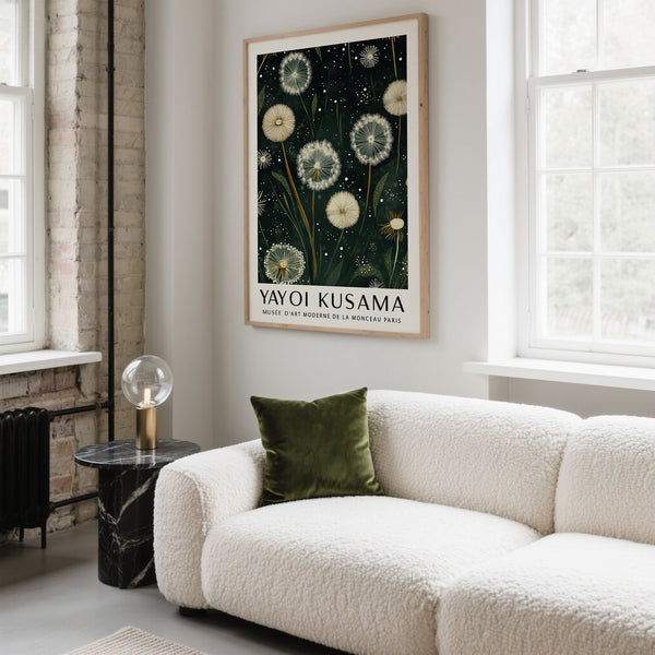 Minimalist dandelion print in dark green tones for living room