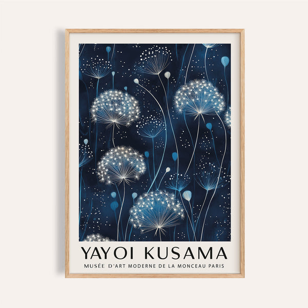 Glowing dandelion print featured in blue and white wall art collection